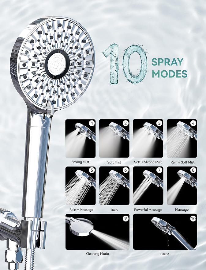 Magichome Filtered Shower Head with Handheld, 10-Mode Adjustable Detachable Chrome Showerhead w/Stainless Hose, Water Softener Filter Beads for Hard Water - Remove Chlorine, Reduce Dry Itchy Skin