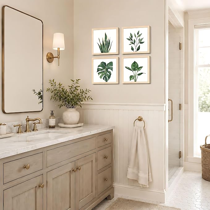 ArtbyHannah Framed Bathroom Wall Art Decor, 10"x10" Botanical Artwork Beige | 4 Pack Gallery Wall Frame Set Modern Farmhouse Sage Green Prints Pictures Art for Spa,Bedroom,Office Decor