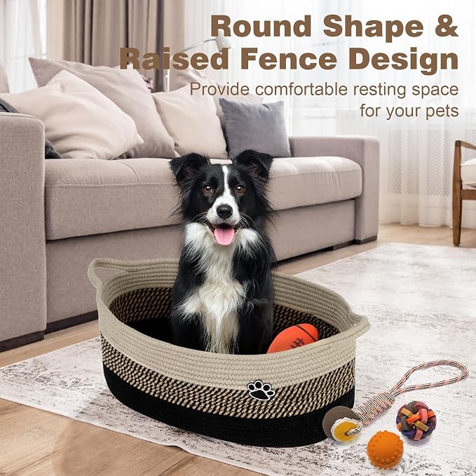 Optish Dog Toy Basket, 30L Toy Box and Bin for Dog Cat Storage, 19.7" X 11" X 7.9" Large Woven Rope Basket for Blanket Storage, Living Room, Bedroom, Black & Brown