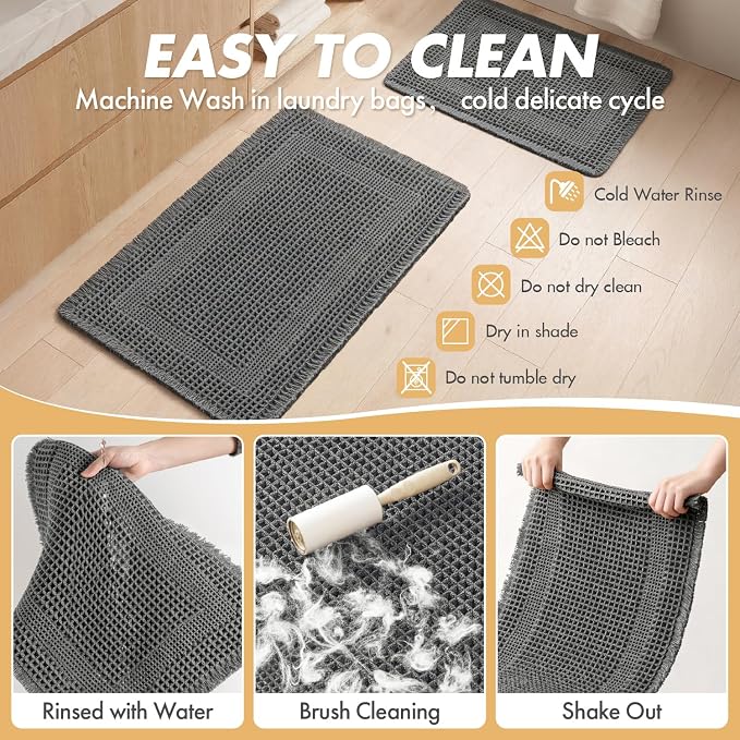 MIULEE Set of 2 Waffle Bathroom Rugs Dark Grey Boho Bath Mat 17x24 in | Looped Design, Super Absorbent, Non Slip, Washable, Ultra Soft, Rubber Backed, Bathroom Mats for Floor Tub Shower