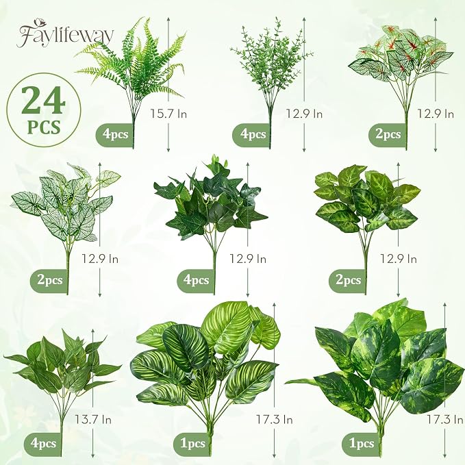 24 Bundles Artificial Plants Outdoor, UV Resistant Greenery | Large faux greenery stems for outside planters, porch, window box and patio garden decor. Maintenance free, pot not included.