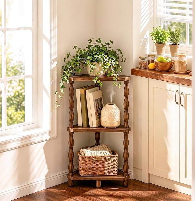 HOOBRO Corner Shelf, 3-Tier Wooden Corner Bookshelf for Small Space, Stylish Corner Storage Display Shelves for Living Room, Kitchen, Office, Rustic Brown FG193CJ01