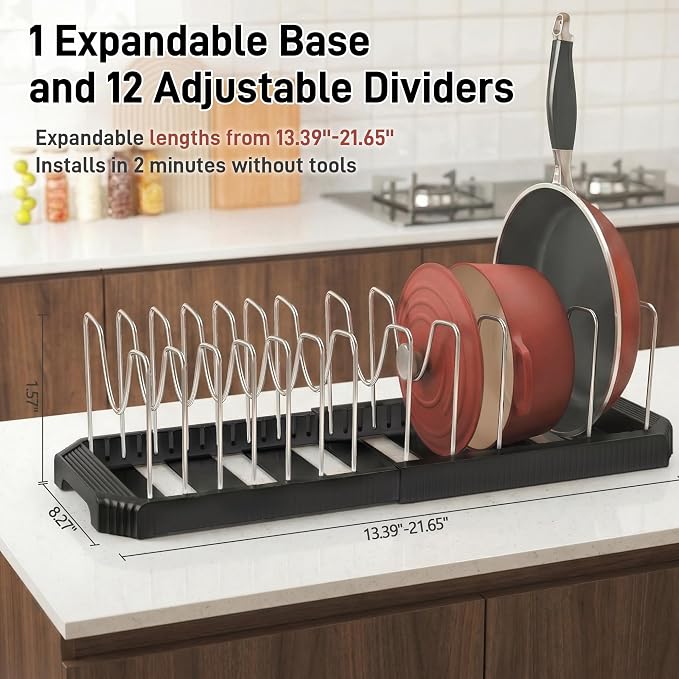 Expandable Pan Organizers Inside Cabinet with 12 Dividers Black | Extends 12.9-21.9", Holds cookie sheets, cutting boards, pot lids and pans, iron dividers, plastic base, under cabinet rack