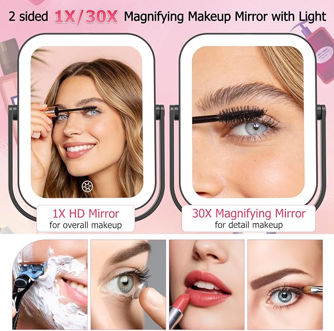 FUNTOUCH 3000mAh Rechargeable Travel Magnifying Mirror with Light, Black | 2-Sided 30X Magnifying travel makeup mirror with 3-Color Lighting, Dimmable Touch Screen,Compact Vanity Mirror for Women Gift