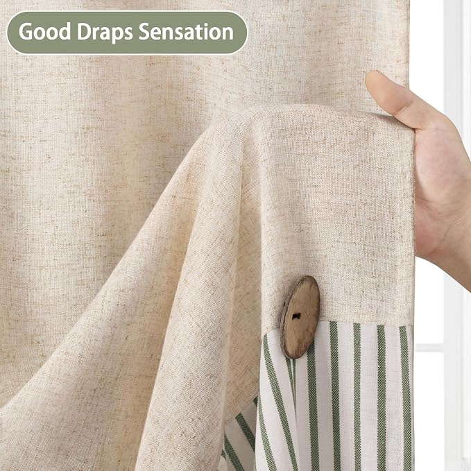 Farmhouse Shower Curtain Linen Button Green Stripe 72" W x 72" L | Farmhouse Style, Chic Button, Striped, Linen Fabric, Rustic, Country, Natural Look, Washable, for Bathroom Bathtub