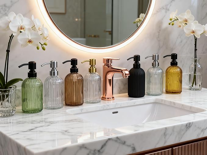 16Oz Green Glass Soap Dispenser with Rust Proof Bronze Stainless Steel Pump, Green Countertop Refillable Liquid Lotion Dispensers with Stainless Steel Pump, Oil Rubbed Bronze Soap Dispenser