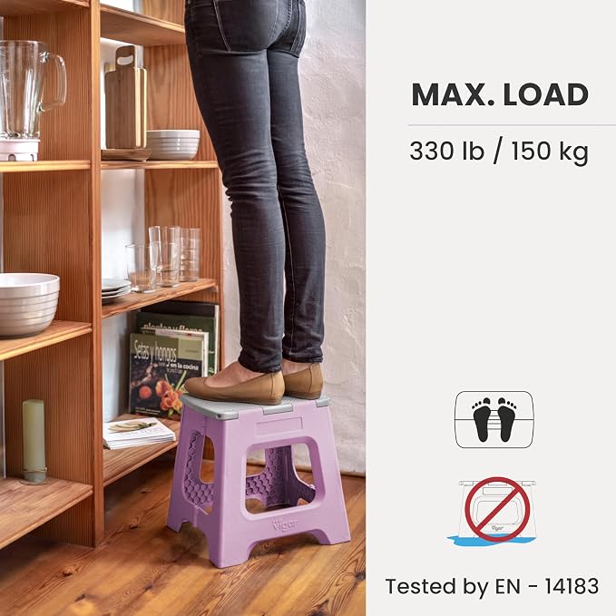 Vigar Compact Folding Step Stool, 12-1/2 in, Purple | 12-1/2 in Foldable Stool, Lightweight Portable Design, Handle, Non Slip Surface, Space-Saving, Supports up to 330 lb