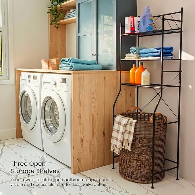 Home Zone Living Over-the-Toilet Bathroom Storage Cabinet Organizer | Freestanding Steel Frame Design with 3-Tier Shelves, Wide Stabilizing Base and Adjustable Feet, Black
