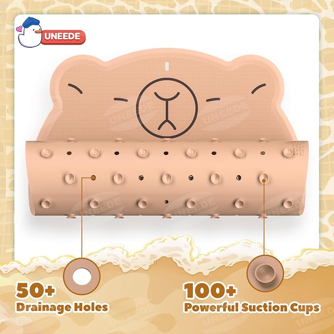 UNEEDE Kids Bathtub Mat Non Slip, Soft Rubber Shower Mat for Toddler | Machine Washable Bath Mat with 100+ suction cups and 50+ Drainage Holes, 30"x18" Cute Capybara Design, Baby Bath Essentials