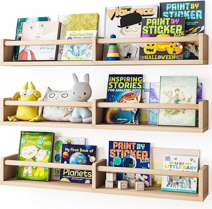 Fixwal Floating Nursery Book Shelves for Wall, 32in, Set of 3, Natural Wood | Solid wood shelves store kids' books, toys and clothing. Fits kids' room, playroom, nursery, living room, bedroom & bathroom.