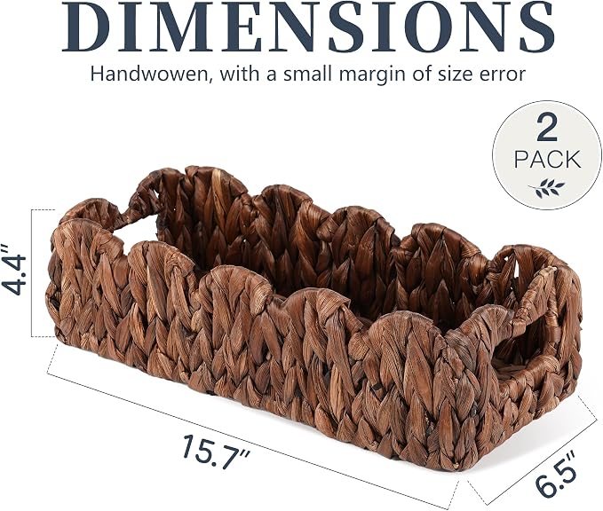 Toilet Tank Basket for Bathroom,Scalloped Edge Wicker Basket for Toilet Paper Storage,Small Baskets for Countertop,Shelves,Living Room,Bedroom,Bath Organizer&Decor,Water Hyacinth,Brown,2 Pack