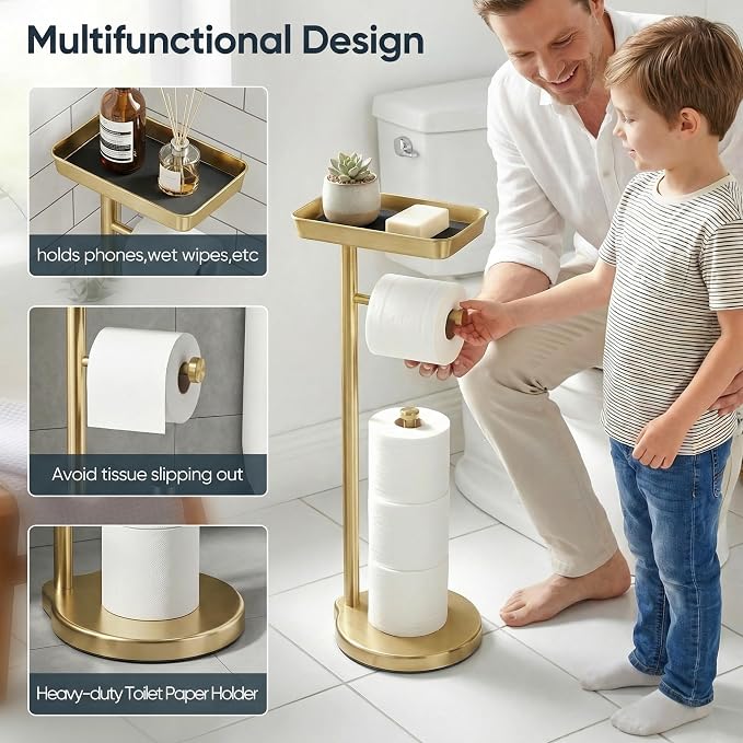 theaoo Toilet Paper Holder Stand with Shelf, Flushable Wipes Dispenser, Free Standing Toilet Tissue Roll Storage Rack Organizer for Bathroom (Gold, Free Standing - with Storage)