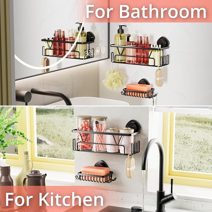 KEGII Suction Cup Shower Caddy Shower Organizer Shelf Bathroom Storage | 2 Pack Stainless Steel No Drill Shower Suction Shelf with Soap Holder & Hooks, Shampoo Holder Bathroom Basket, Black