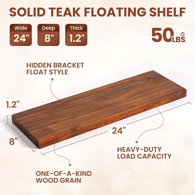 24 Inch Teak Floating Wall Shelves Set of 2 | Weather Resistant, Heavy Duty Hidden Brackets, Natural Wood Grain, Wall Storage For Bathroom, Kitchen, Living Room & Outdoor
