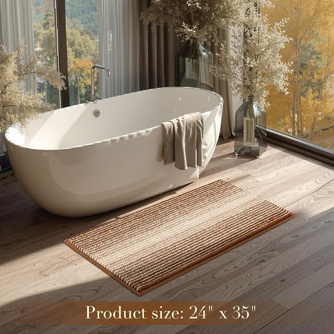 Bath Mat Rug for Bathroom Non Slip Water Absorbent Chenille Soft Shaggy Luxury Bathroom Floor Mats Machine Washable (Coconut Brown)