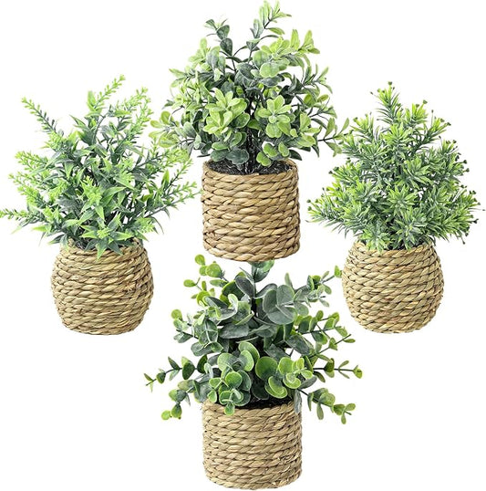Small Fake Plants, 4 Pack Artificial Plants in Handwoven Seagrass Baskets | Natural Woven Texture, 4 Unique Plant Designs, Shelf, Desk & Table Decor, Realistic Faux Greenery, Farmhouse & Boho Decor