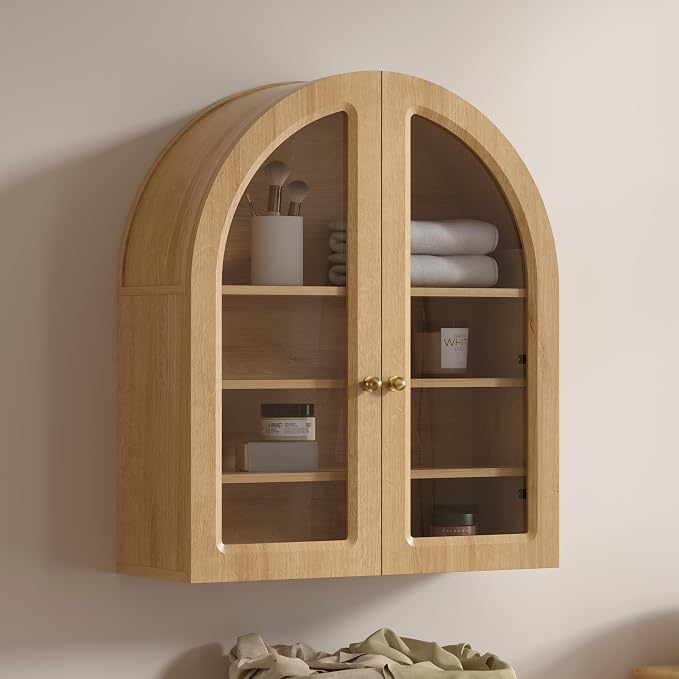 Arched Wall Cabinet, Large Bathroom Medicine Wall Mounted Cupboard, Farmhouse Floating Storage Cabinet with Acrylic Door Adjustable Shelf, Wood Organizer (Natural Oak)