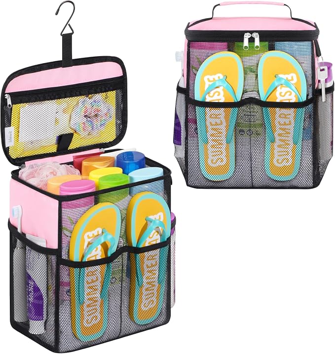 Lifewit Mesh Shower Caddy, Hanging Bathroom Organizer with Slipper pockets | Hanging Hook, Quick Dry, Portable, Toiletry Tote Bag, College Dorm Room Essentials for Beach, Gym, Camping, Travel, Pink