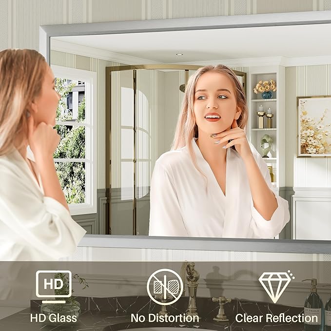 60x36 Inch Brushed Silver Bathroom Mirror for Wall, Thick Metal Framed Rectangle Mirrors for Over Sink, Bedroom, Living Room, Entryway, Anti-Rust, HD Tempered Glass