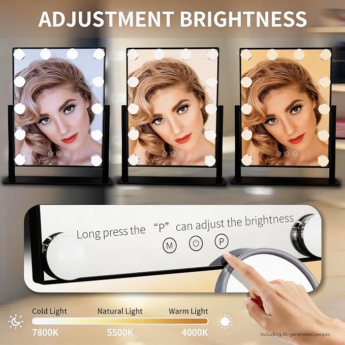 Makeup Vanity Mirror with Lights,10X, Black 17.12"x13.77" | Vanity Mirror with Detachable 10X Magnification Mirror, Rechargeable, 3 Color Lights,Touch Control, 360‑Degree Swivel