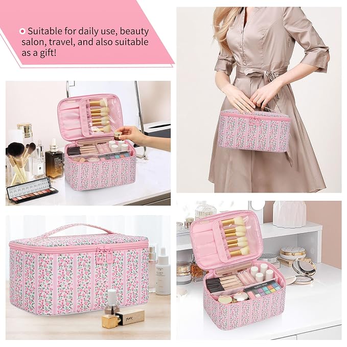 Makeup Bag for Women - Travel Cosmetic Organizer with Brush Slot & Divider, Large Capacity Toiletry Bag for Girls, Travel Makeup Case for everyday Make up Accessories -Pink Floral