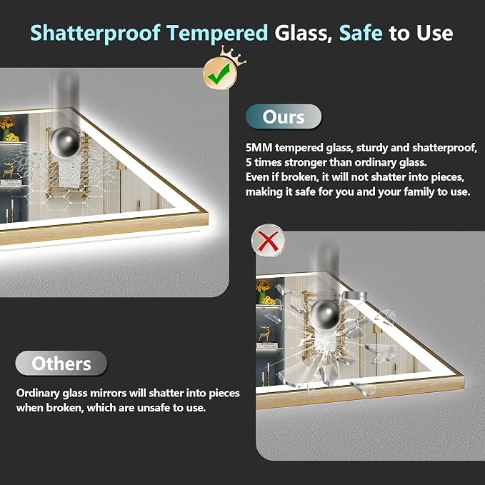72x36 Gold LED Bathroom Mirror, Backlit & Front Lit Lighted Mirror | Brushed Gold Framed, Anti-Fog Vanity Mirror with Lights, 3 Color Dimmable, Memory, HD Tempered Glass, CRI95, Wall Mounted