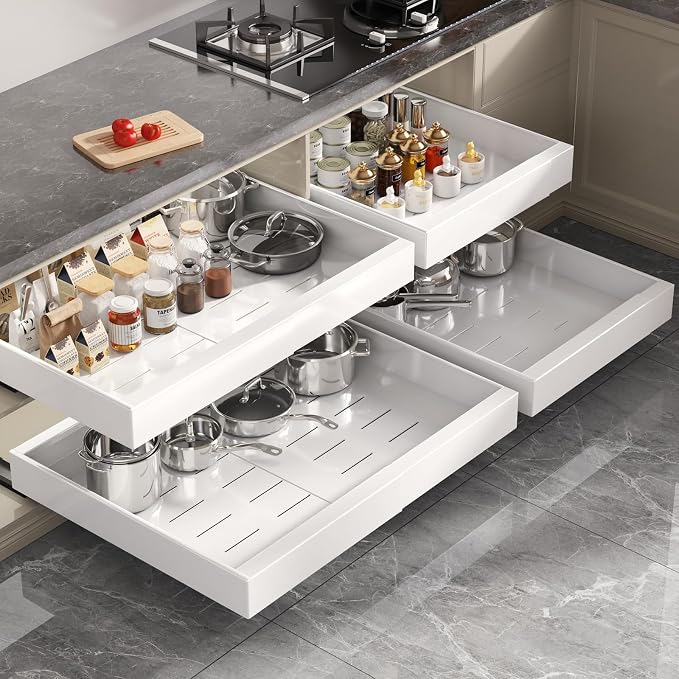 Seinloes 2 Pack Pull Out Cabinet Organizer 22" Deep,Full Extension 3 Slide Rails Slide Out Drawers With Raising Pad for Framed Cabinets,Expandable Width (15.4"-26.2"),No Drill Roll Out shelf,White