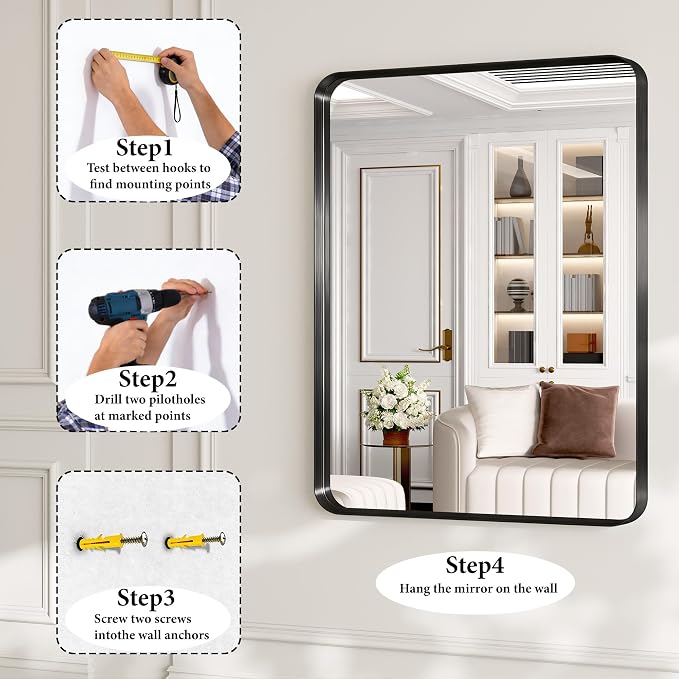 50x30 Inch Black Metal Framed Bathroom Mirror for Wall, HD Tempered Glass | Vanity Mirror for Over Sink, Anti-Rust Aluminum Alloy Mirror, Farmhouse, Horizontally or Vertically Hanging