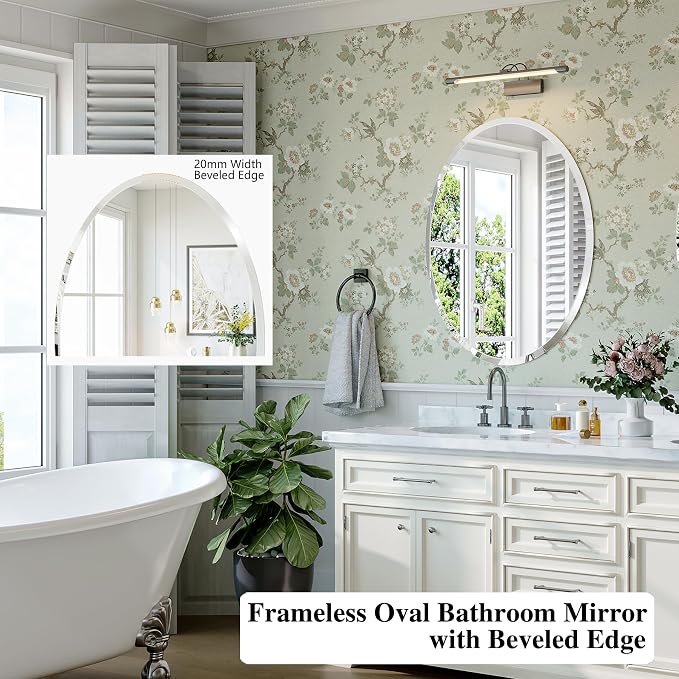 Frameless Oval Mirror, 22"x30" Beveled Bathroom Vanity Mirrors | 20mm beveled edge, 5mm HD glass, frameless, anti-rust, shatterproof, french cleat, horizontally or vertically