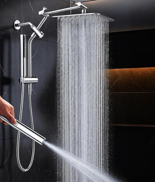 Veken All Metal 10"Luxurious Rain Shower Head with Handheld Spary,Power Jet | Square,Dual High Pressure Showerhead Combo,Double Detachable Shower Heads,Rainfall with Extension Arm,Long Hose,Chrome,Silver