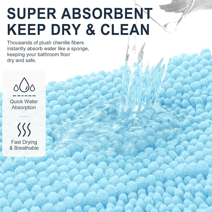 Smiry Thick Chenille Bathroom Rugs 30x20, Soft Absorbent Bath Mat, Sky Blue | Quick‑Dry & Machine Washable, Non‑Slip Bath Carpet, Striped Bath Rugs for Tub & Shower, Modern Home Decor Accessories