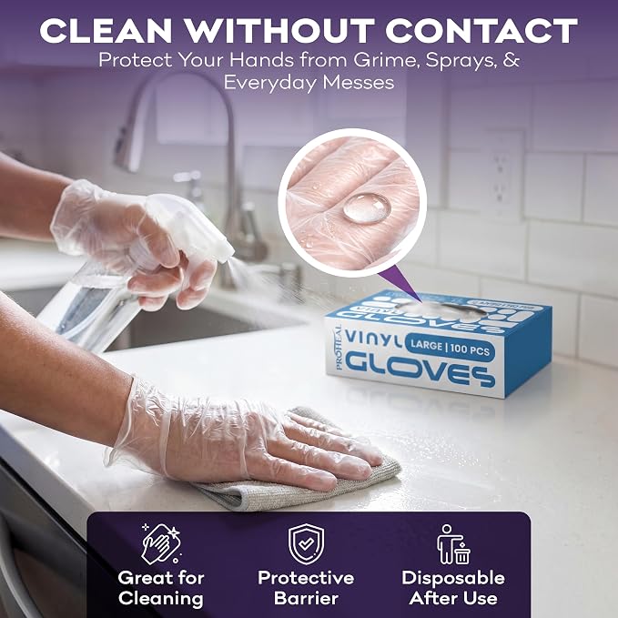 ProHeal Clear Vinyl Disposable Gloves - Food Safe Cooking and Household Cleaning Gloves -Powder and Latex Free Kitchen Glove