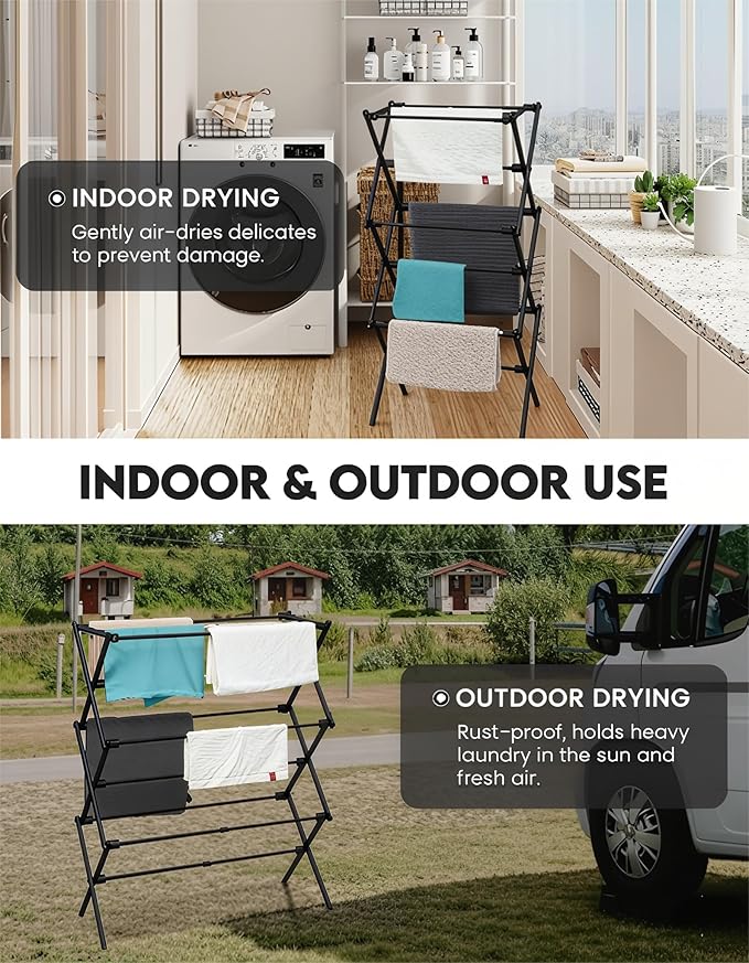 3-Tier Metal Folding Clothes Drying Rack, Laundry Drying Rack Clothing | Collapsible Dryer Racks for Laundry | Indoor & Outdoor,Black