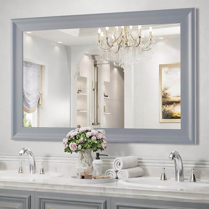 Tanmicoshomy Bathroom Rectangle Mirrors for Wall 24x36 Inch, Gray | Tempered Glass, Wall Art with 4 Pre-Installed D-Ring Hooks,Bedroom, Entryway Wall Decor