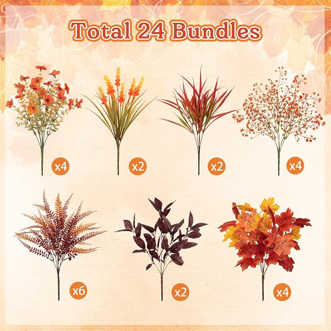 24 Pcs Artificial Fall Flowers Fake Mums for Decoration Outdoor | UV resistant, silk flowers, plastic plants, for indoor outside autumn Thanksgiving garden yard window box home decor