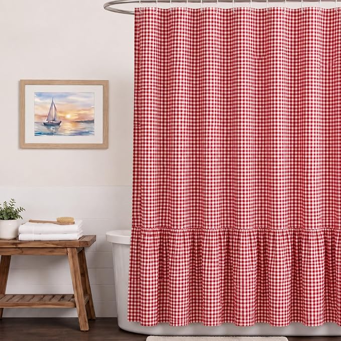 HunnmingRe Ruffle Hem Gingham Shower Curtain, Red Farmhouse | Waterproof Fabric for Bathroom, Machine Washable, Standard Size Fits Most Tubs, Farmhouse Cottage Style Decor