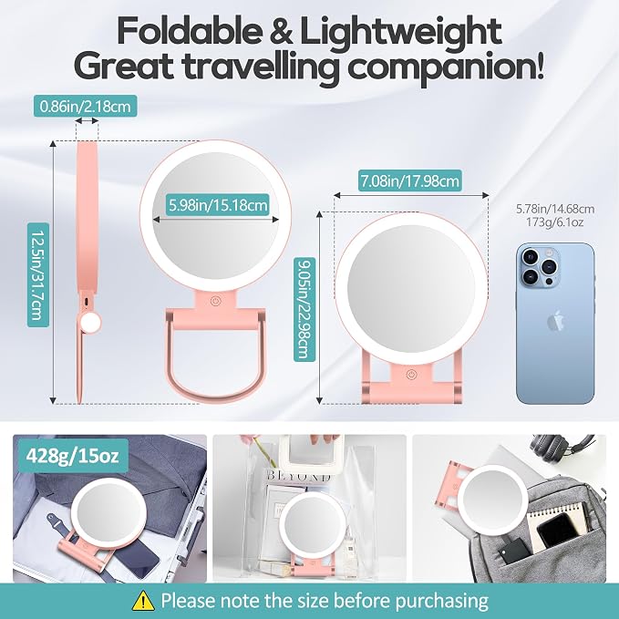 Magnifying Mirror with Light 30X, Double-Sided 1X/30X Magnifying Makeup Mirror with Tweezer, 2000mAh 3 Colour Modes with Adjustable Brightness,Foldable Compact Travel Mirror(Rose Gold)