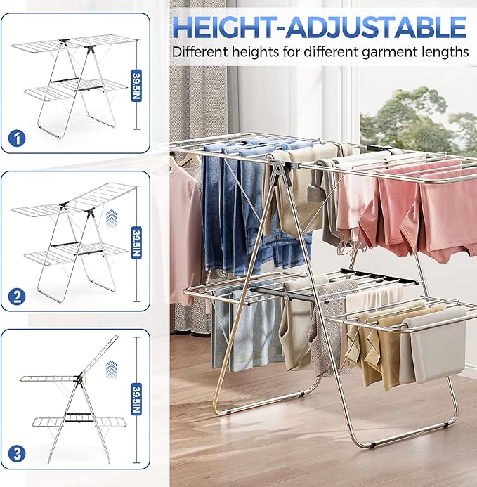 Large Stainless Steel Clothes Drying Rack, Generous Drying Area | Foldable 2-Level Drying Rack Clothing, Free-Standing Laundry Airer, with Height-Adjustable 4 Wings, Matte Black