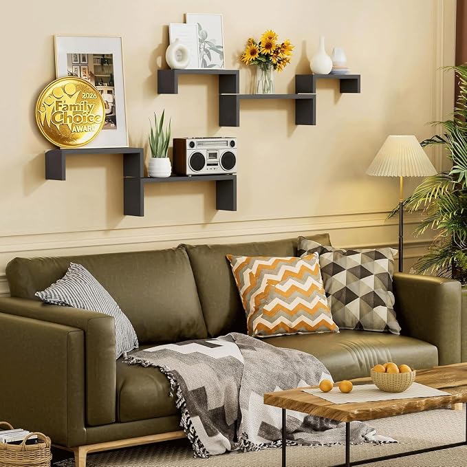 SRIWATANA Black Floating Shelves, Set of 5 Solid Wood Wall Mounted Shelves | Space-Saving 5-Pack Wall Shelves for Industrial Home Decor; Perfect to Display Collectibles or Organize Office Supplies