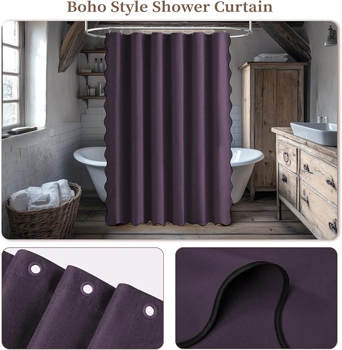 Boho Scalloped Linen Textured Cloth Shower Curtain Set, 72x84, Purple | Tall Size, 230GSM Waterproof Polyester, Heavy Duty Fabric, 12 Plastic Hooks, Elegant Modern Farmhouse Style, Machine Washable