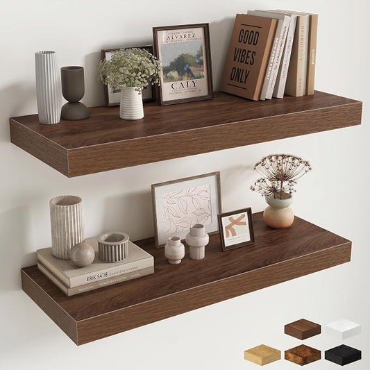 Fun Memories 12 Inch Deep Floating Shelves for Wall, 30 Inch Long Floating Shelf, 30 x 12 Shelf for Wall, Rustic Wood Bookshelves, Hanging Shelves for Bathroom Kitchen Bedroom, Walnut, Set of 2