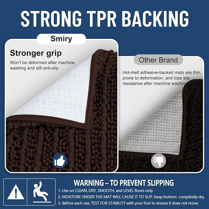 Smiry Bathroom Rugs 40X24, Extra Soft Rubber Backing Chenille Bath Mats | Brown Machine Washable Non Slip Quick Dry Bath Mats for Bathroom Floor, Tub, Shower, Home Decor Accessories