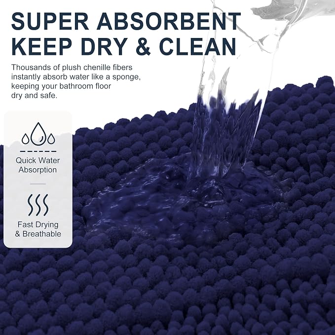 Smiry Chenille Bathroom Runner Rugs 44x24, Soft Bath Mat, Twilight Sapphire | Quick‑Dry & Machine Washable, Non‑Slip Bath Carpet, Thick Striped Bath Rugs for Tub & Shower, Modern Home Decor Accessories