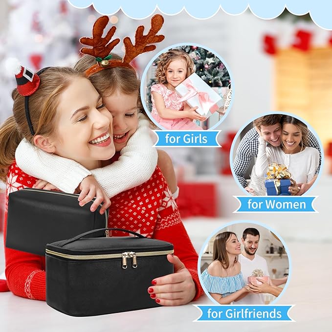 Makeup Bag Set, Portable Travel Makeup Bags Cosmetic Organizer Bag for Women Cute Floral Cosmetic Pouch Large Capacity Make up Bag PU Leather Toiletry Bags with Divider and Handle-Black
