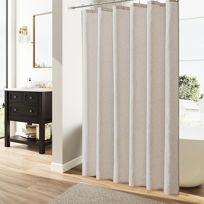 Extra Long Linen Shower Curtain 96 Inch Long for Bathroom Boho Farmhouse Fabric Shower Curtains Set with Hooks Neutral Cloth Modern Cottage Core Waterproof,Mousse White