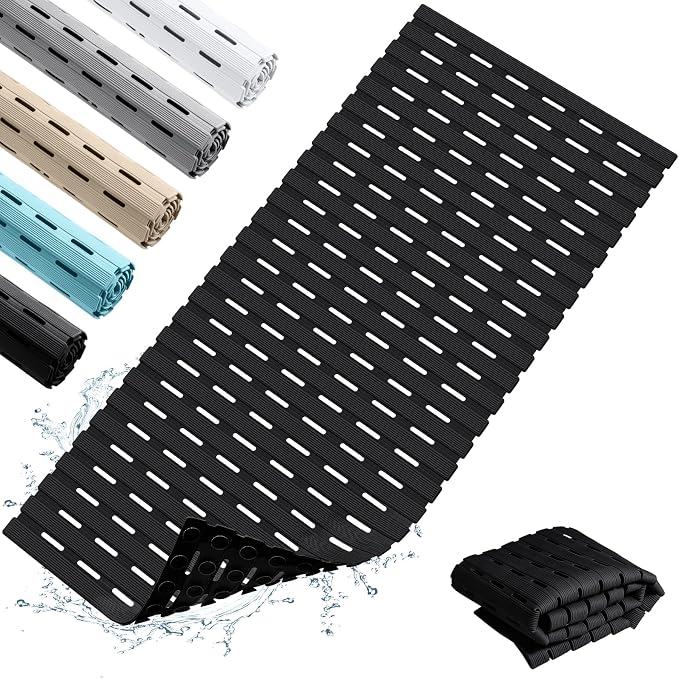 OTHWAY Non Slip Bathtub Mat, Soft TPE Black Shower Mat with Suction Cups | 36.6" x 16.9" Bath Mat for Tub Non Slip, Machine Washable Shower Floor Mat with Drain Holes