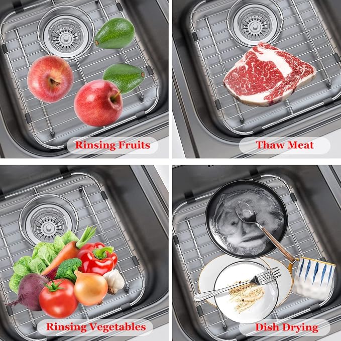 Orgneas Sink Protectors for Kitchen Sinks 13"x16" and 11.2"x14.5" | 304 Premium Stainless Steel Double Bowl Kitchen Sinks Bottom Grate Rack Grid, Centered Drain, 2 Pcs