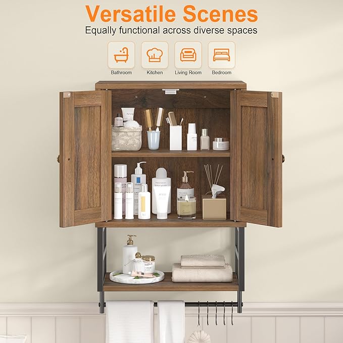 Bathroom Wall Cabinet, Farmhouse Medicine Storage with Towel Bar, Walnut | 2 Doors & Adjustable Shelves 5 Hooks, 3-Tier for Over-Toilet, Laundry, Living, Bedroom, Kitchen, Space Saving
