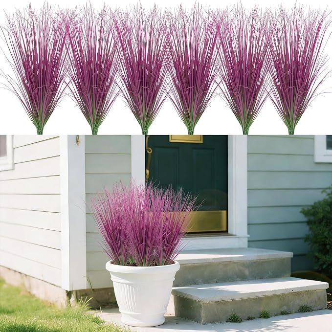 24 Bundles Artificial Grass Plants Outdoor Tall Faux Shrubs Greenery Stems Fake Onion Grasses Wheat UV Resistant for Outside Garden Indoor Office Home Decor（Pink）