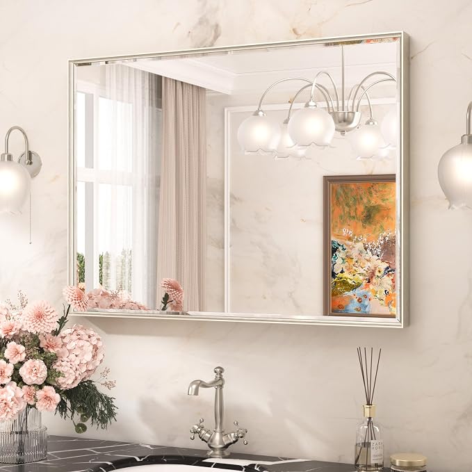 Brushed Nickel Bathroom Mirror 40 x 30 Inch Beveled Frame Vanity Mirror, Tempered Glass, Shatterproof, for Modern Bedroom, Entryway, Living Room